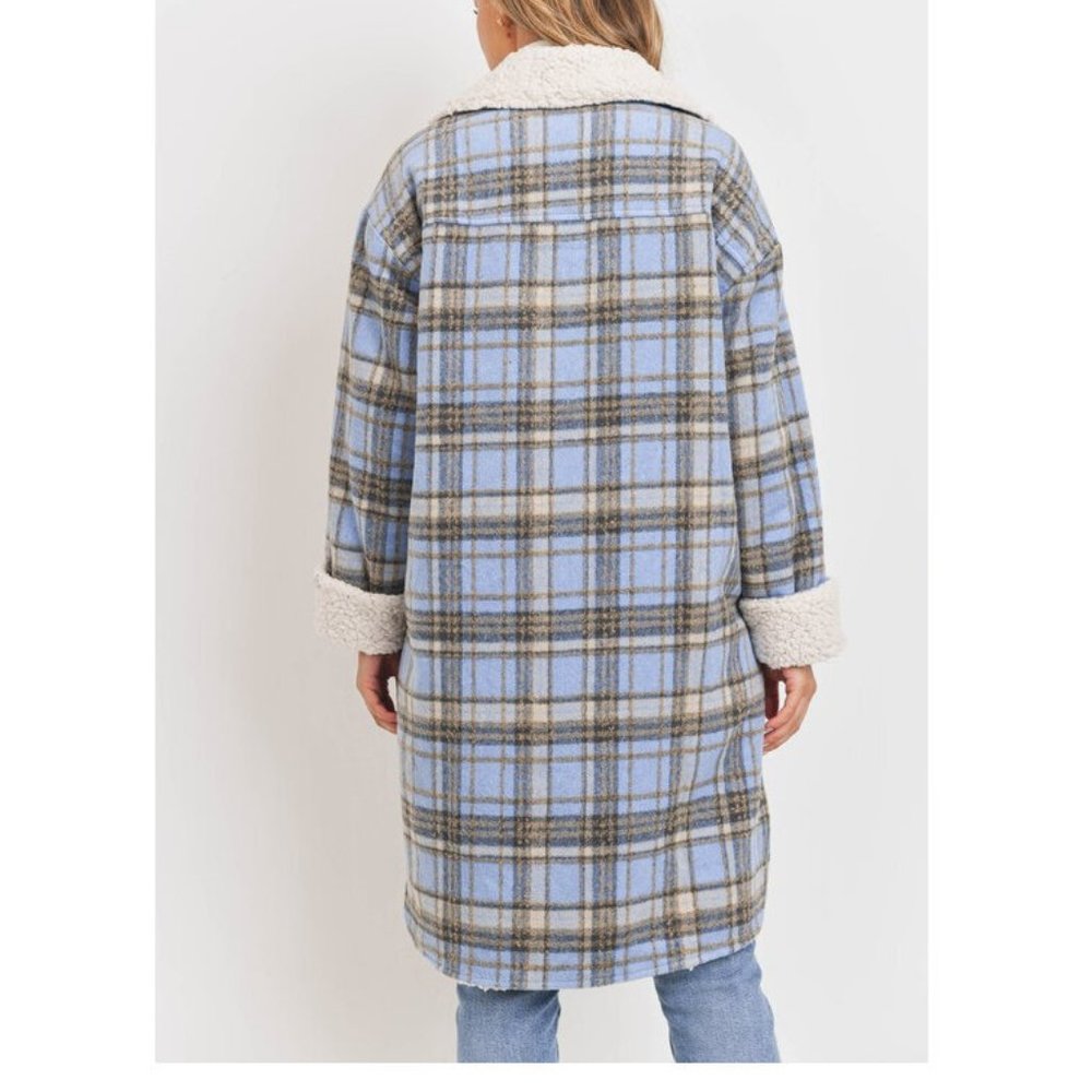 Boho Western Plaid Flannel Faux Fur Sherpa Lined Long Shacket Jacket Coat - Picture 7 of 7